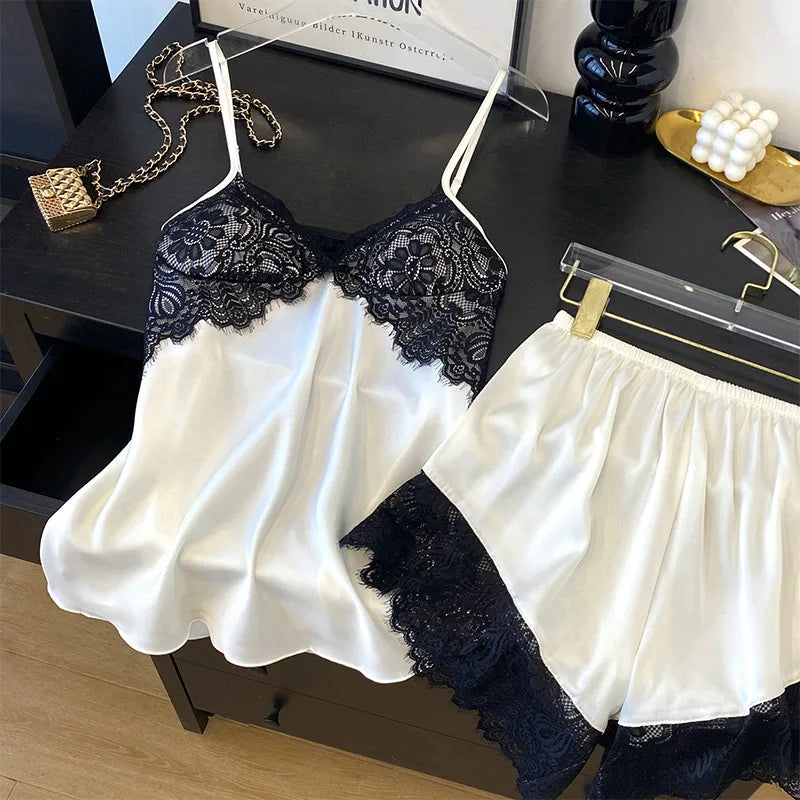 Lace Satin Suspender Pajama Set - Sexy Hollow Out Strap Top & Shorts Sleepwear