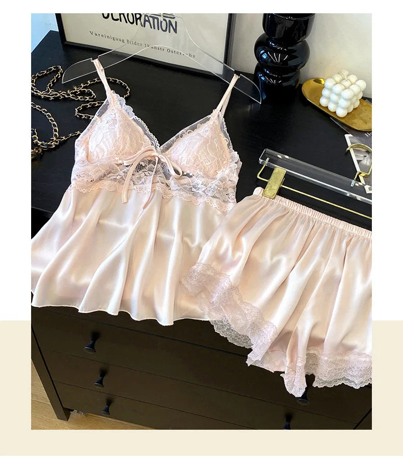 Lace Satin Suspender Pajama Set - Sexy Hollow Out Strap Top & Shorts Sleepwear