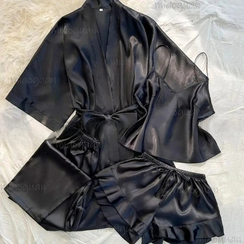 4-Piece Satin Kimono Robe Pajama Set - Silky Bathrobe & Trouser Suit Loungewear for Women
