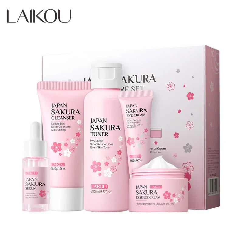 "LAIKOU Japanese Sakura 5-Piece Skincare Set - Anti-Aging Moisturizing Kit"