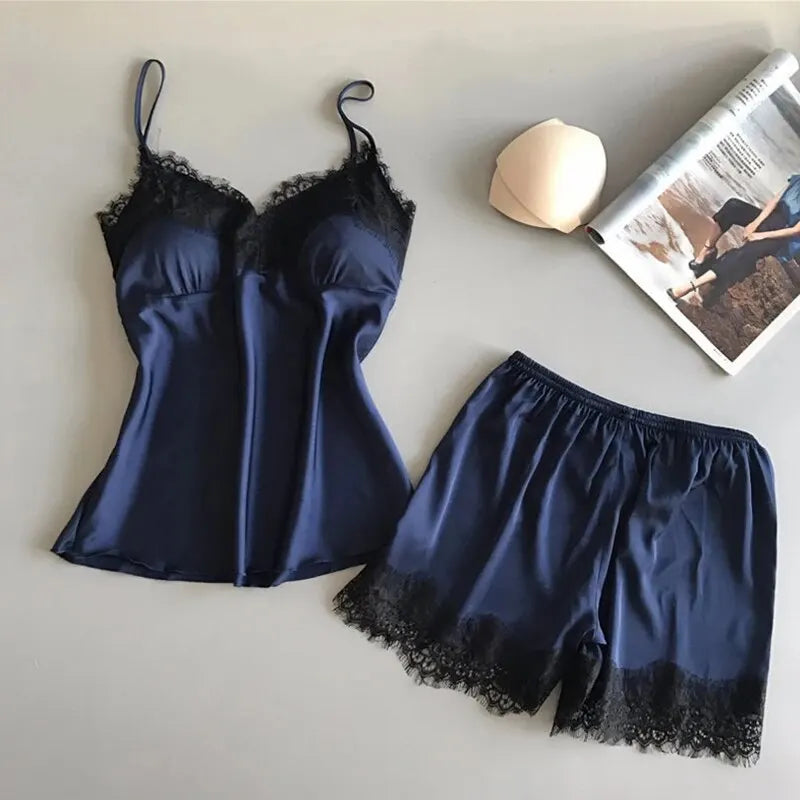 V-Neck Lace Silk Pajama Set - Sexy Spaghetti Strap Sleepwear & Shorts for Women