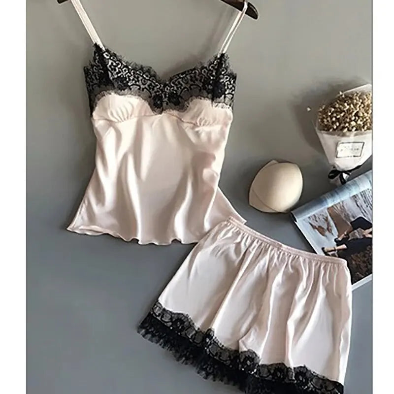 V-Neck Lace Silk Pajama Set - Sexy Spaghetti Strap Sleepwear & Shorts for Women