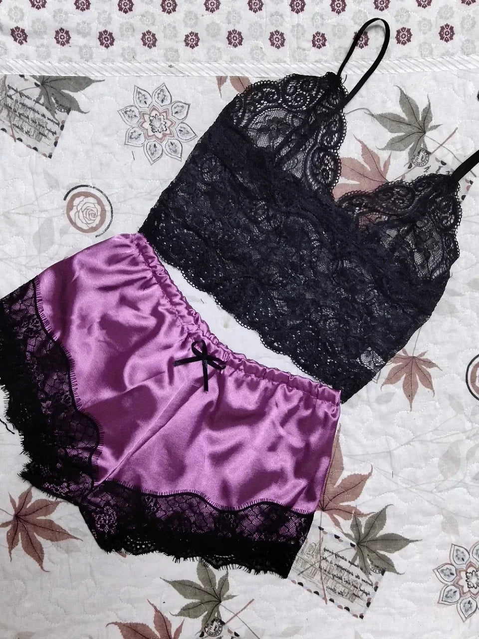 Lace Silk Crop Top & Shorts Pajama Set - Sexy Sleepwear Lingerie for Women