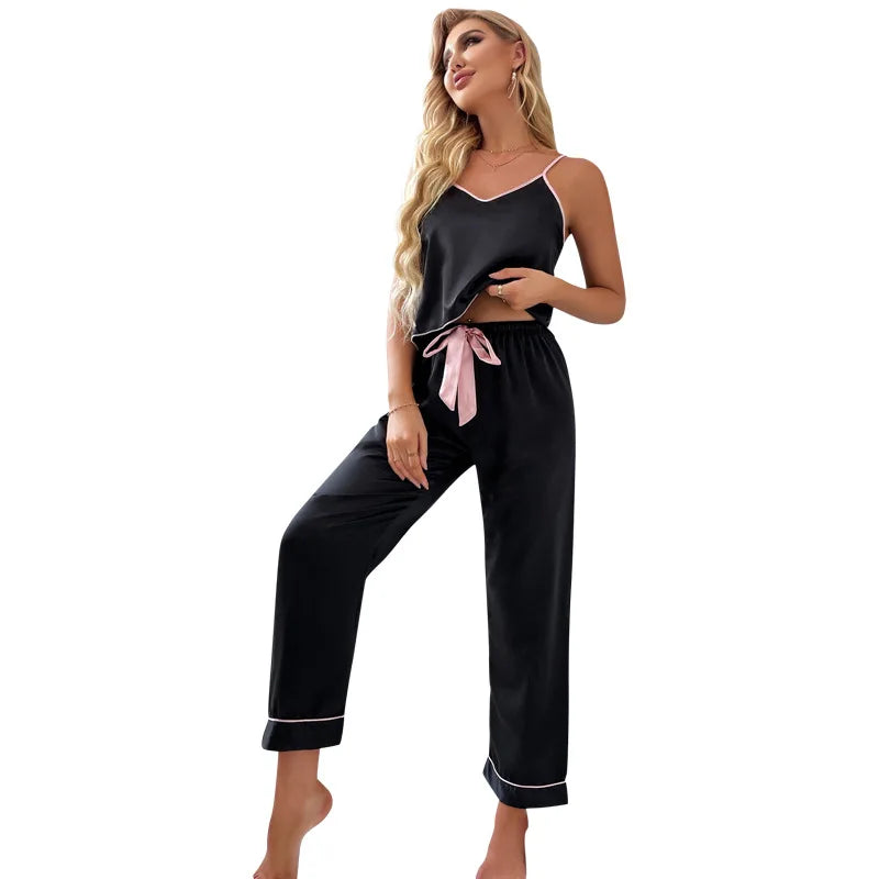 Satin Silk Sleeveless Pajama Set - Elegant V-Neck Nightwear & Ankle-Length Pants for Women