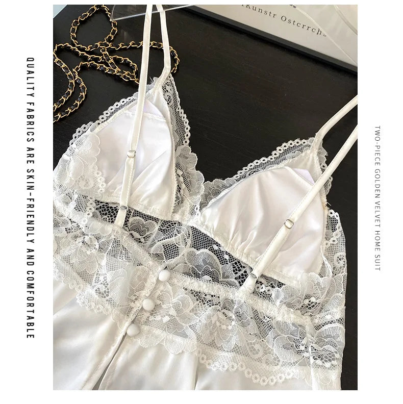 Lace Satin Suspender Pajama Set - Sexy Hollow Out Strap Top & Shorts Sleepwear