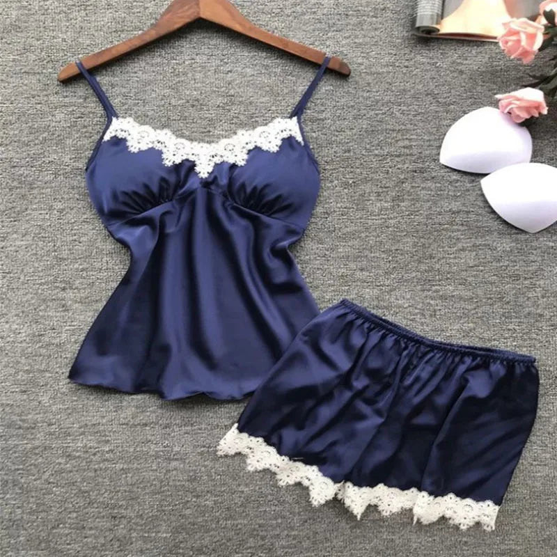 V-Neck Satin Camisole & Shorts Pajama Set - Sexy Lace Strap Sleepwear for Women