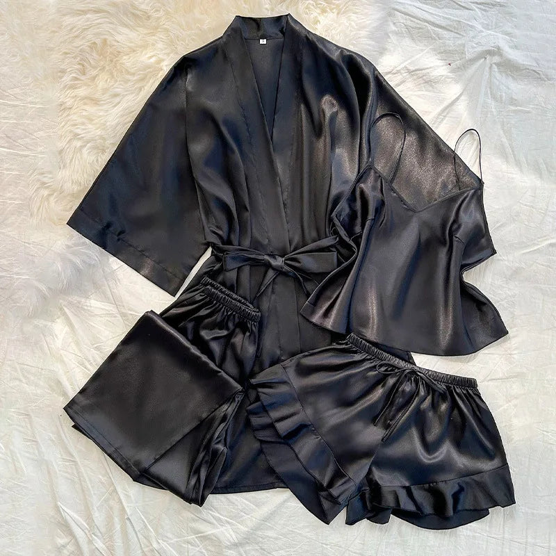 4-Piece Satin Kimono Robe Pajama Set - Silky Bathrobe & Trouser Suit Loungewear for Women