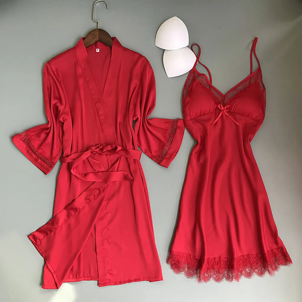 Lace & Satin Nightgown Two-Piece Pajama Set