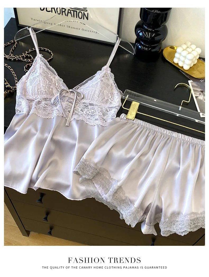 Lace Satin Suspender Pajama Set - Sexy Hollow Out Strap Top & Shorts Sleepwear