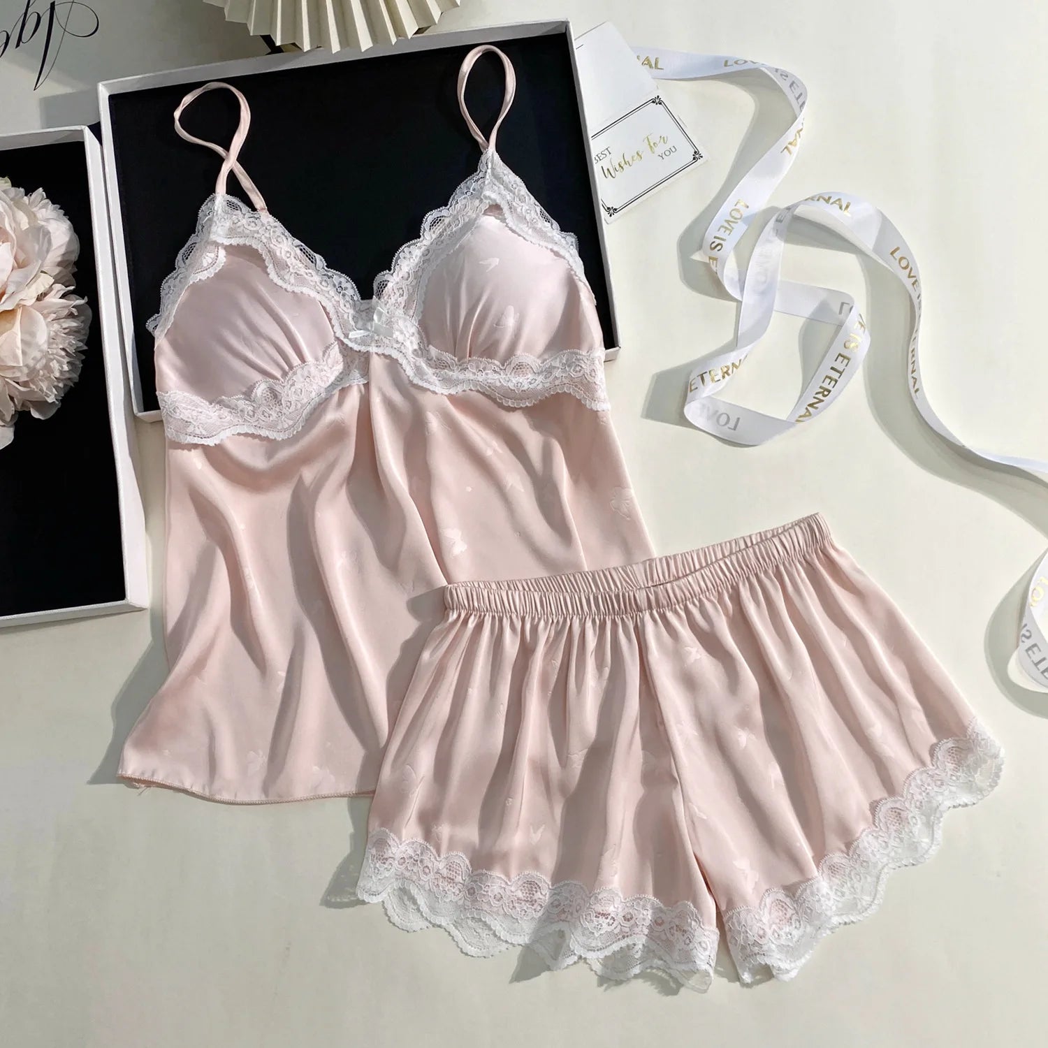 Lace Satin Suspender Pajama Set - Sexy Hollow Out Strap Top & Shorts Sleepwear