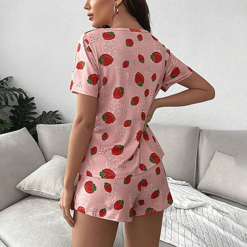 Strawberry Print Pajama Set - Cute Short Sleeve Top & Shorts Loungewear for Women