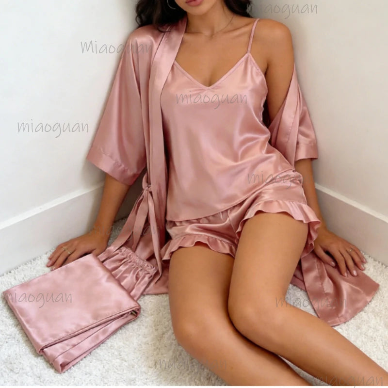 4-Piece Satin Kimono Robe Pajama Set - Silky Bathrobe & Trouser Suit Loungewear for Women