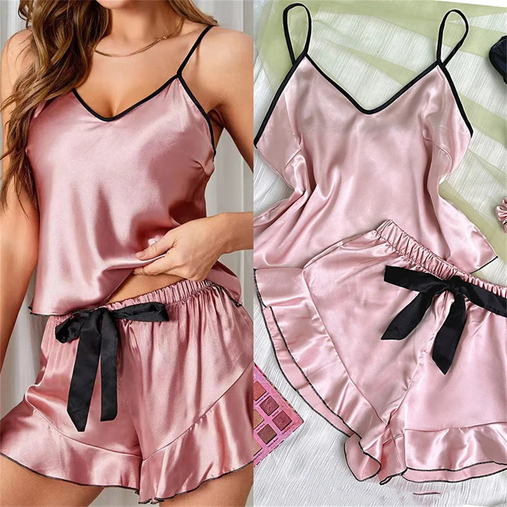 Satin V-Neck Ruffled Pajama Set - Smooth Spaghetti Strap Top & Bow Shorts for Women