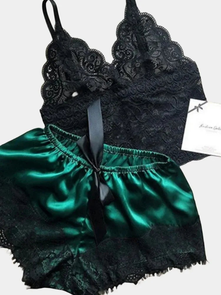 Lace Silk Crop Top & Shorts Pajama Set - Sexy Sleepwear Lingerie for Women
