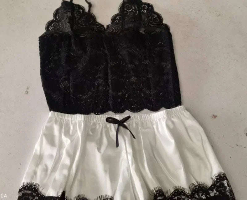 Lace Silk Crop Top & Shorts Pajama Set - Sexy Sleepwear Lingerie for Women
