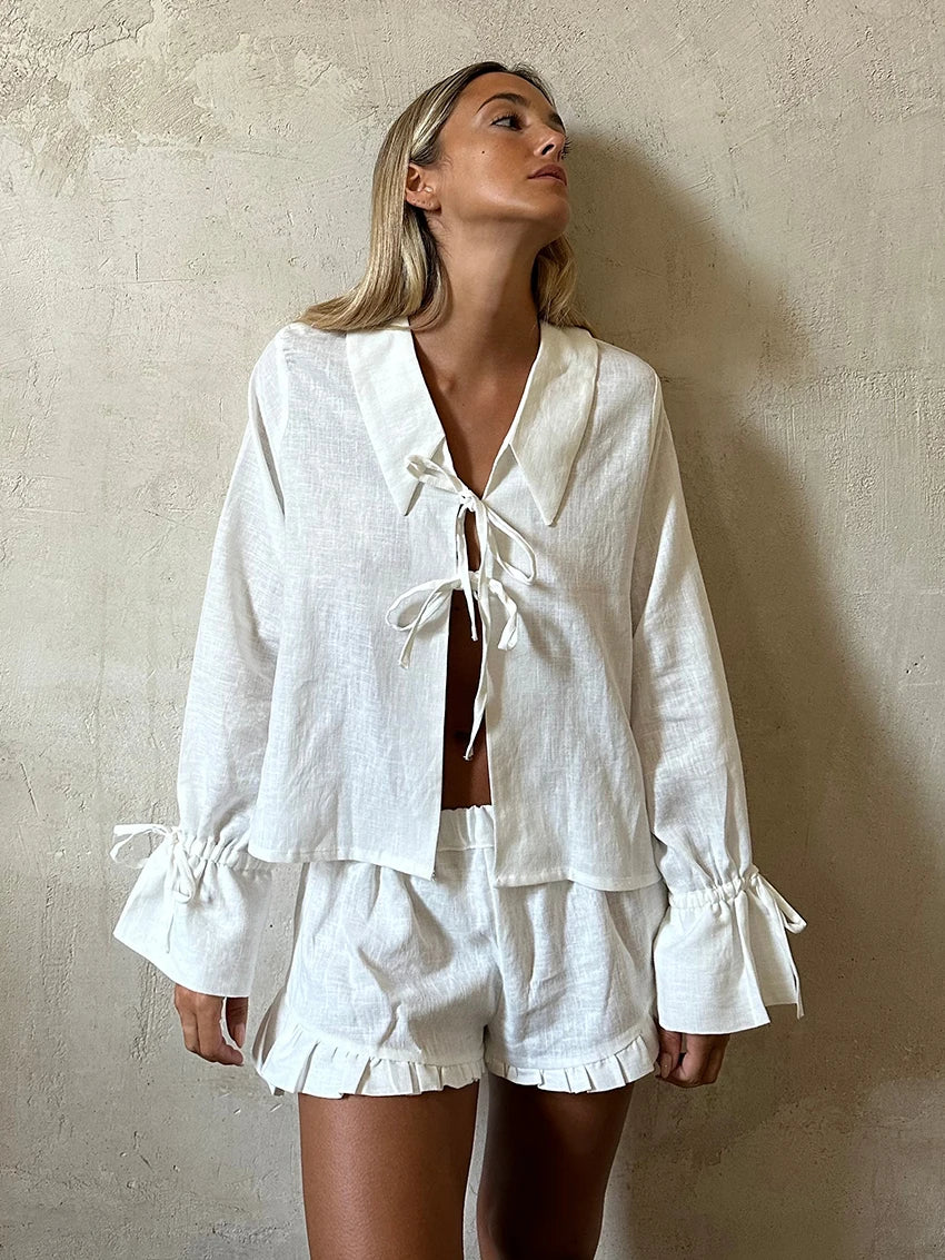 Cotton Long Sleeve Pajama Set - Turn-Down Collar Lace Up Sleepwear & Shorts for Women