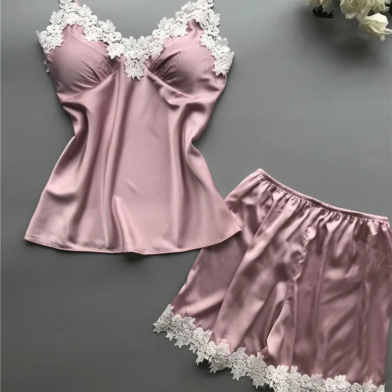 V-Neck Satin Camisole & Shorts Pajama Set - Sexy Lace Strap Sleepwear for Women