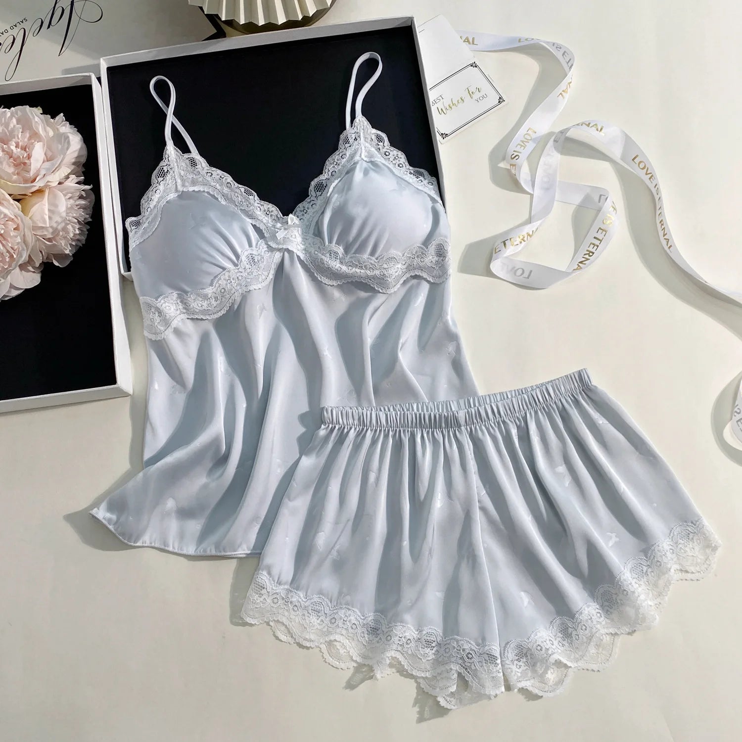Lace Satin Suspender Pajama Set - Sexy Hollow Out Strap Top & Shorts Sleepwear