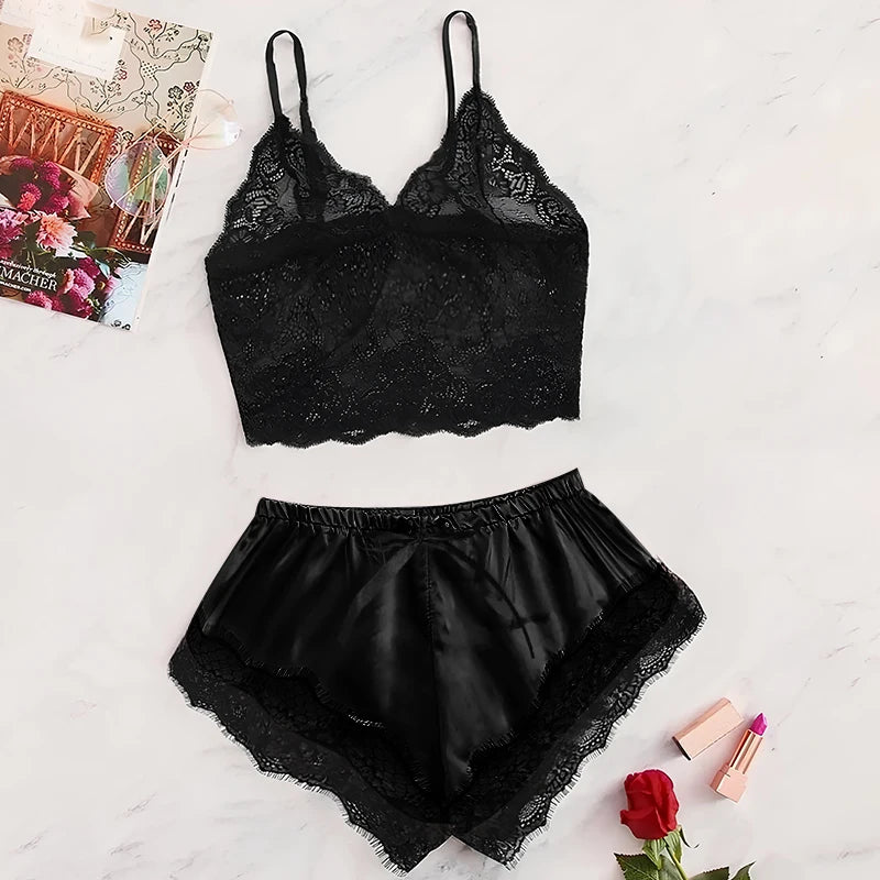 Satin Lace Cami Top & Shorts Pajama Set - Sexy Breathable Sleepwear for Women