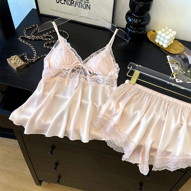 Lace Satin Suspender Pajama Set - Sexy Hollow Out Strap Top & Shorts Sleepwear