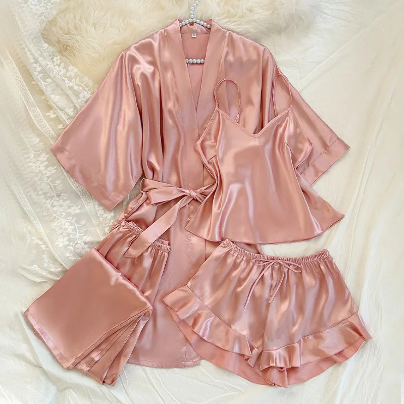 4-Piece Satin Kimono Robe Pajama Set - Silky Bathrobe & Trouser Suit Loungewear for Women