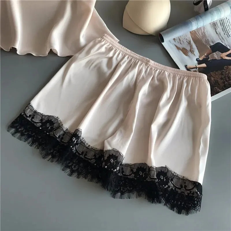 V-Neck Lace Silk Pajama Set - Sexy Spaghetti Strap Sleepwear & Shorts for Women