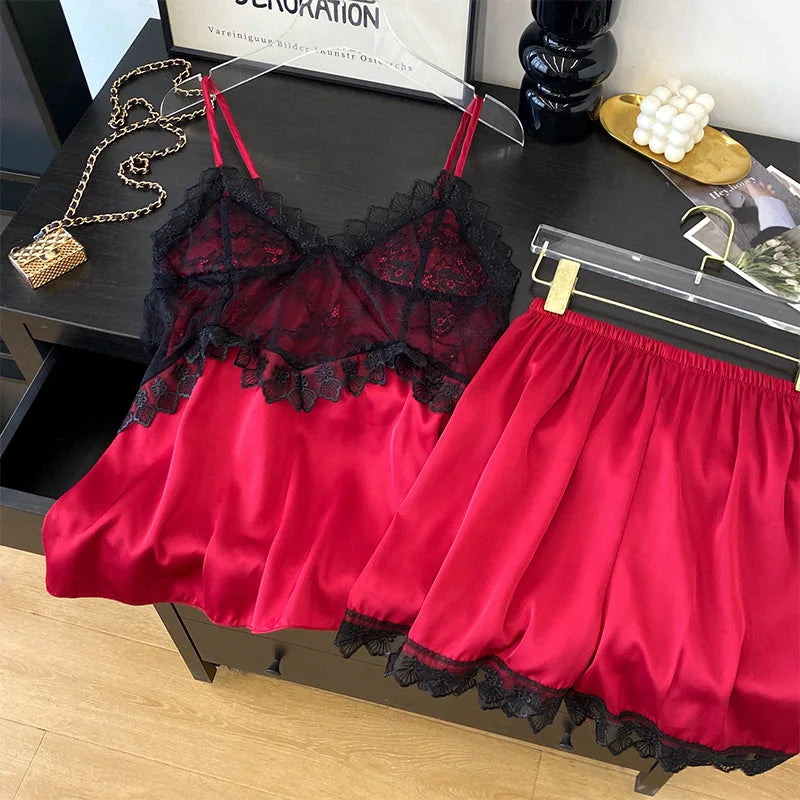 Lace Satin Suspender Pajama Set - Sexy Hollow Out Strap Top & Shorts Sleepwear