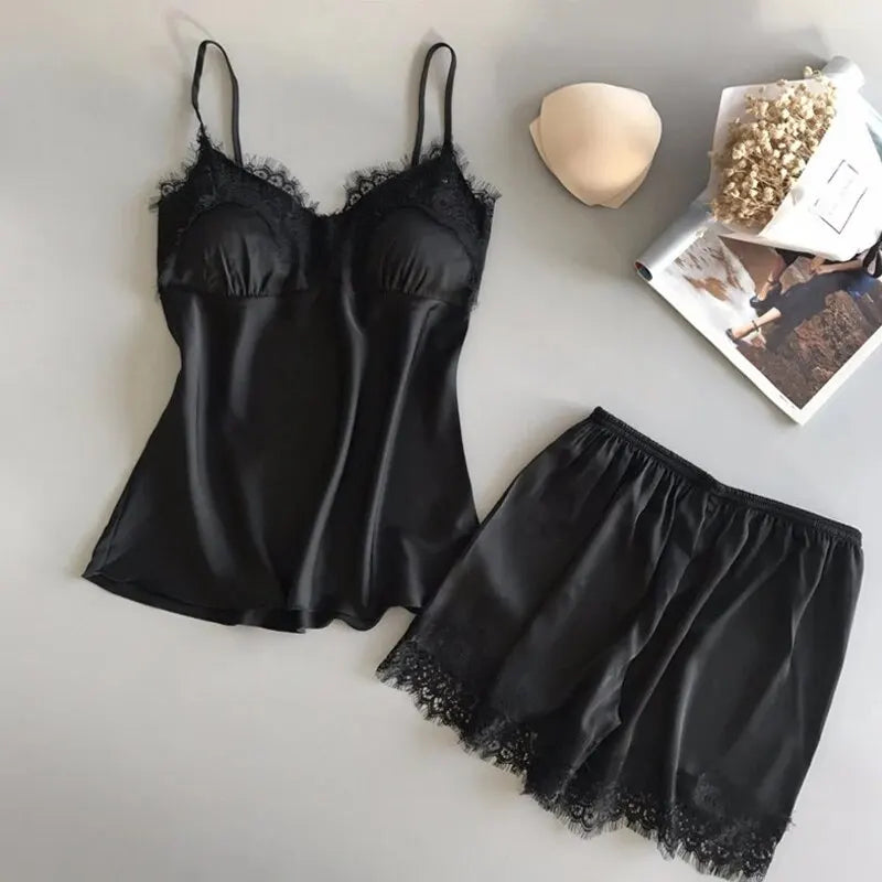V-Neck Lace Silk Pajama Set - Sexy Spaghetti Strap Sleepwear & Shorts for Women