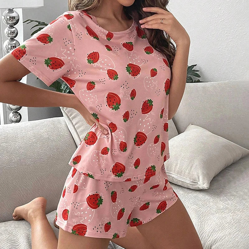 Strawberry Print Pajama Set - Cute Short Sleeve Top & Shorts Loungewear for Women