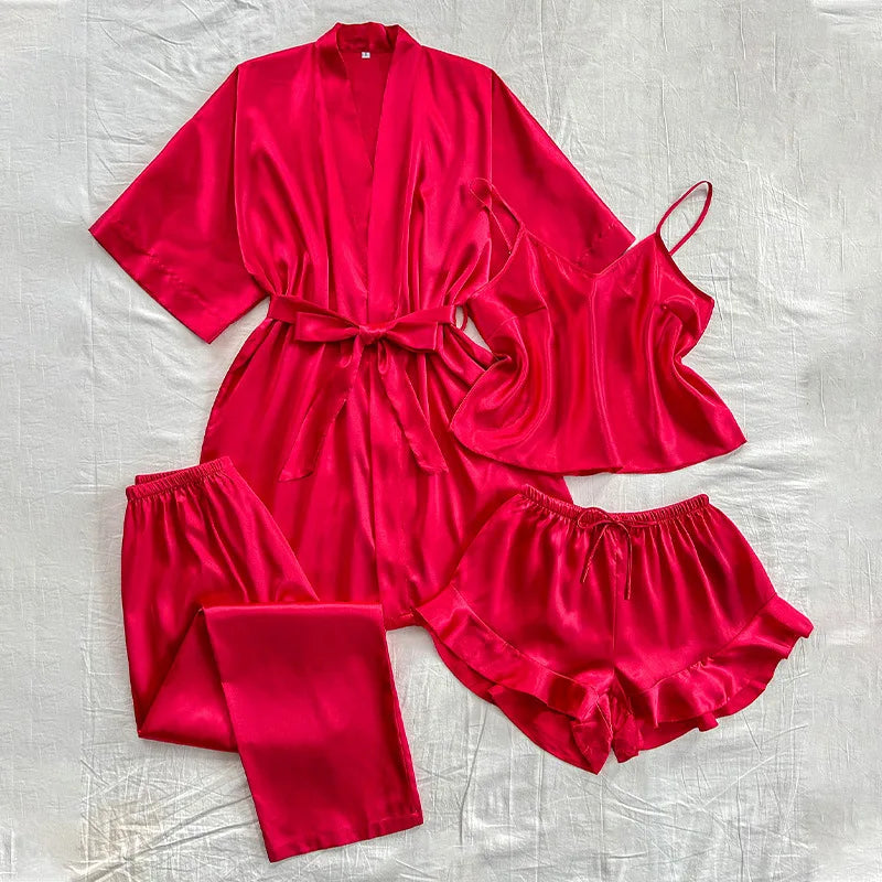 4-Piece Satin Kimono Robe Pajama Set - Silky Bathrobe & Trouser Suit Loungewear for Women