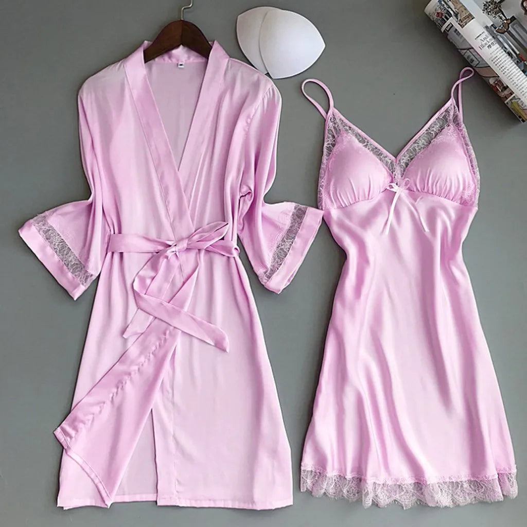 Lace & Satin Nightgown Two-Piece Pajama Set