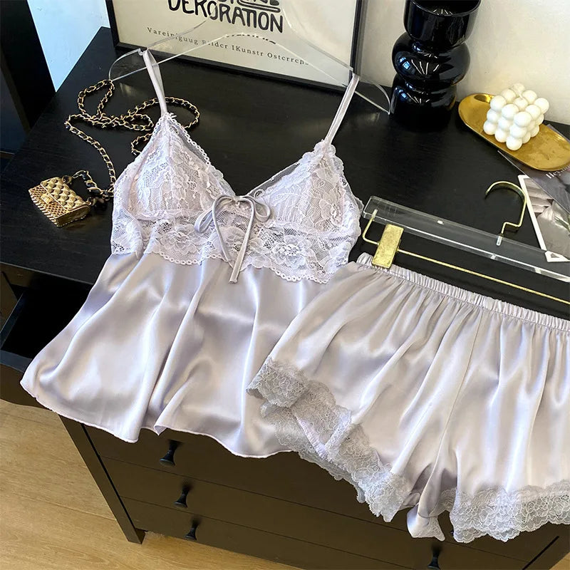 Lace Satin Suspender Pajama Set - Sexy Hollow Out Strap Top & Shorts Sleepwear