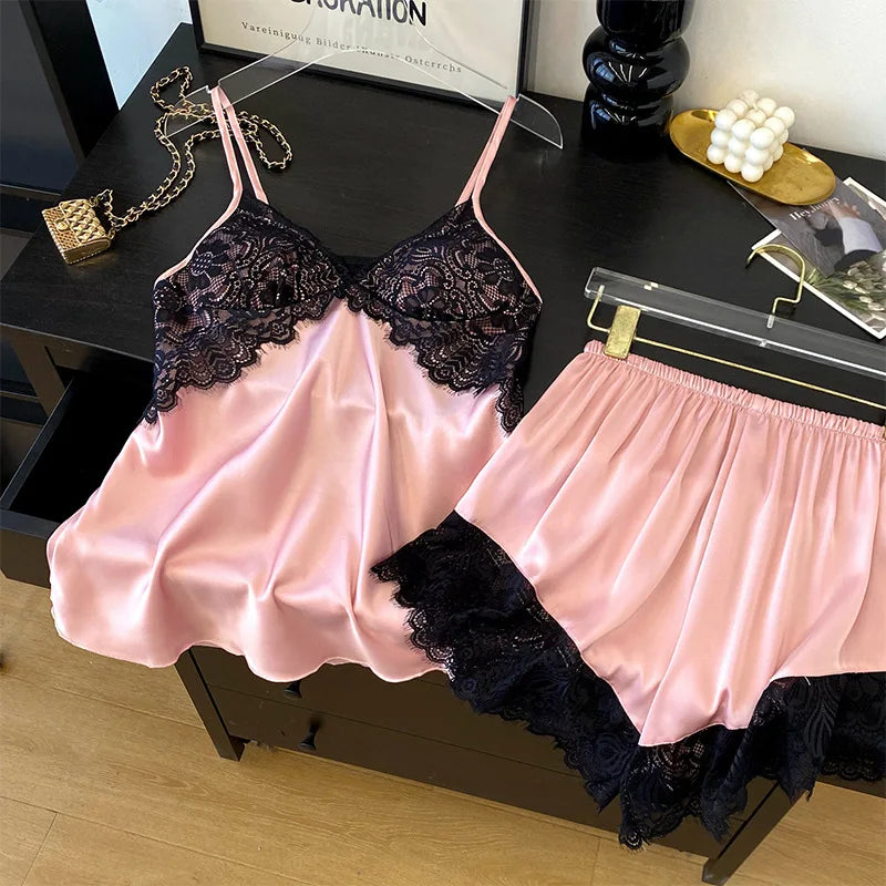 Lace Satin Suspender Pajama Set - Sexy Hollow Out Strap Top & Shorts Sleepwear