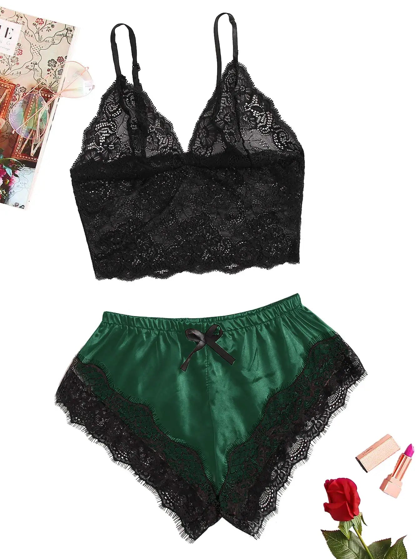 Satin Lace Cami Top & Shorts Pajama Set - Sexy Breathable Sleepwear for Women