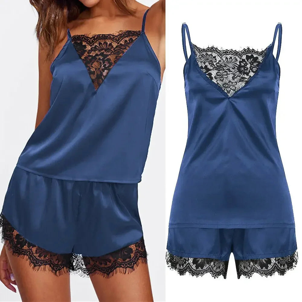 Ice Silk Camisole & Shorts Pajama Set - Smooth Lace V-Neck Sleepwear for Women