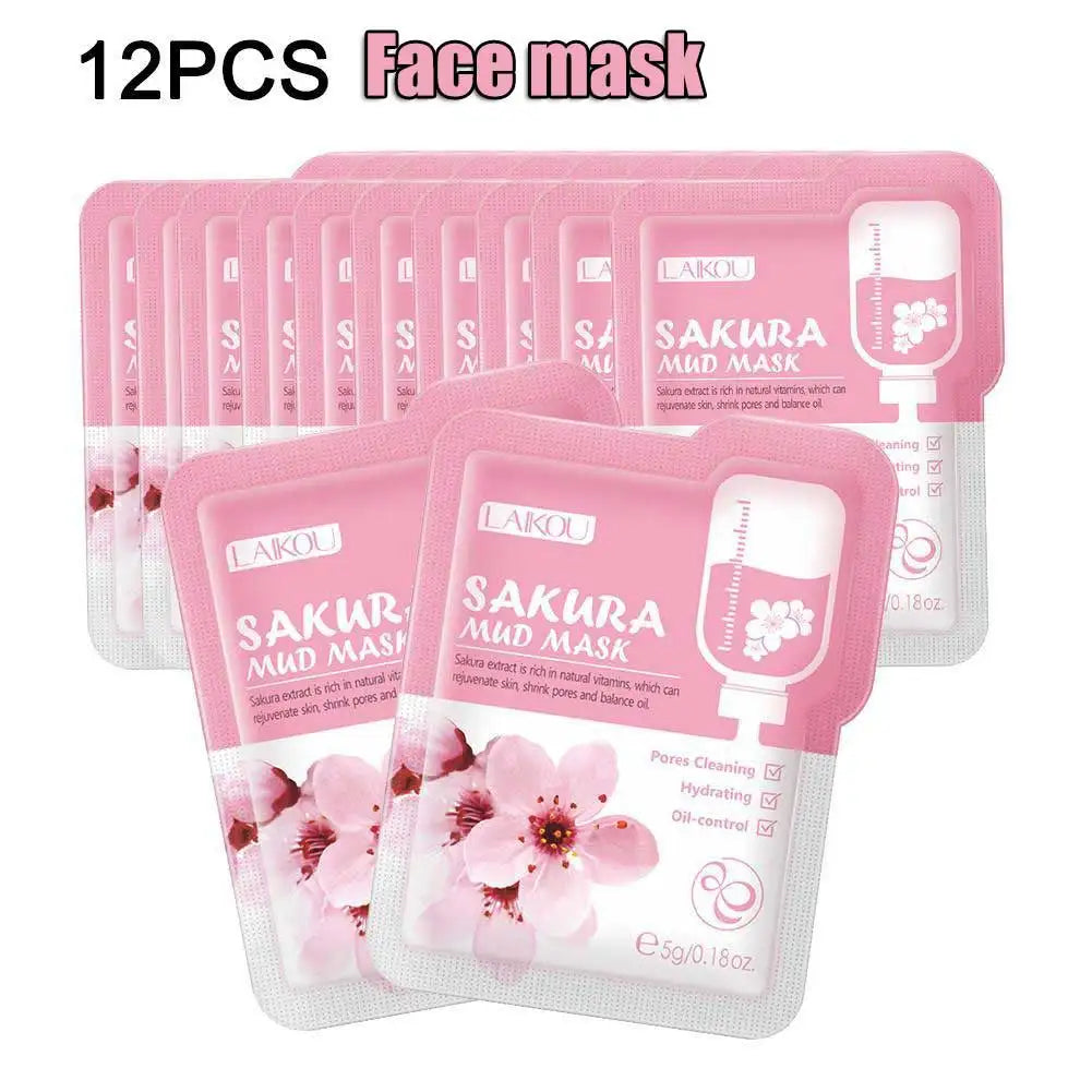 "12-Pack Japanese Sakura Mud Mask Set - Brightening & Deep Cleansing"