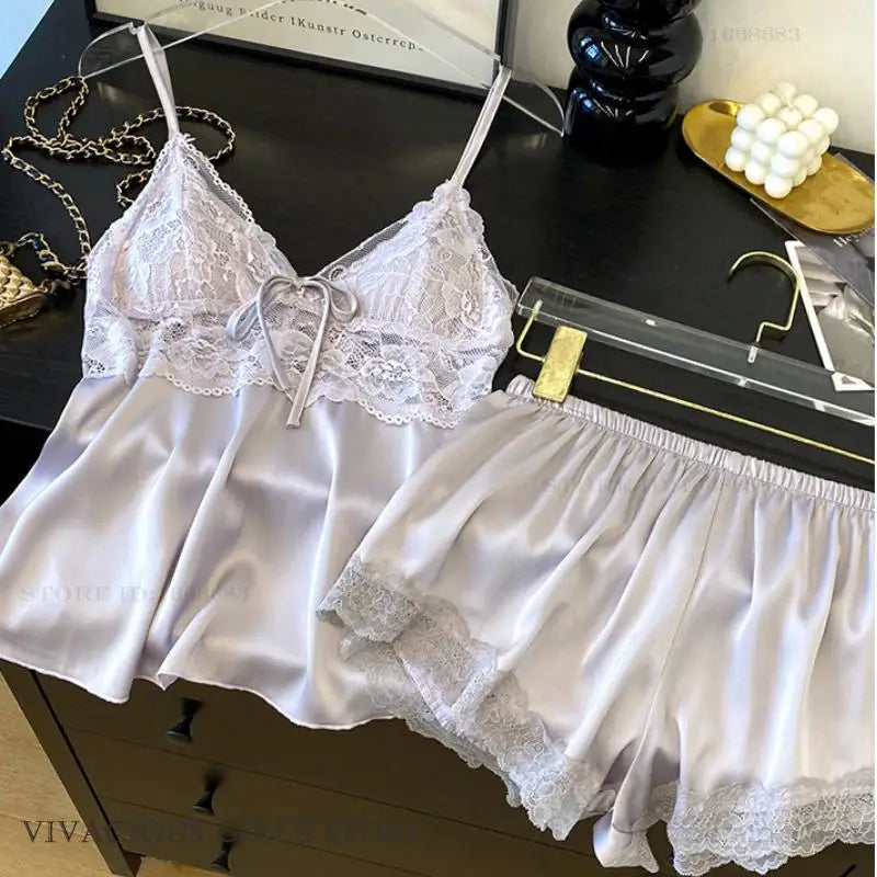 Lace Satin Suspender Pajama Set - Sexy Hollow Out Strap Top & Shorts Sleepwear
