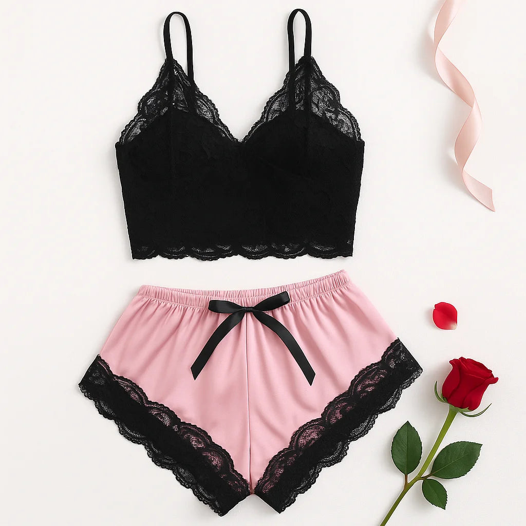 Satin Lace Cami Top & Shorts Pajama Set - Sexy Breathable Sleepwear for Women