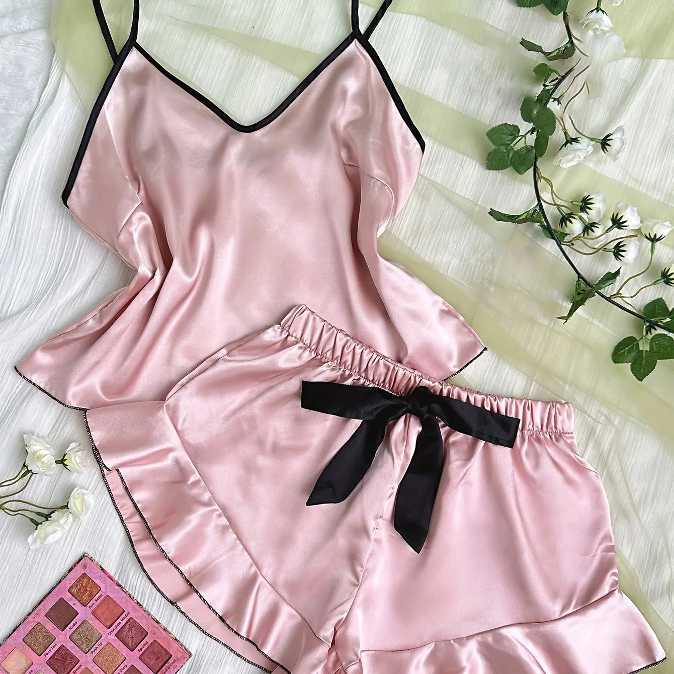 Satin V-Neck Ruffled Pajama Set - Smooth Spaghetti Strap Top & Bow Shorts for Women