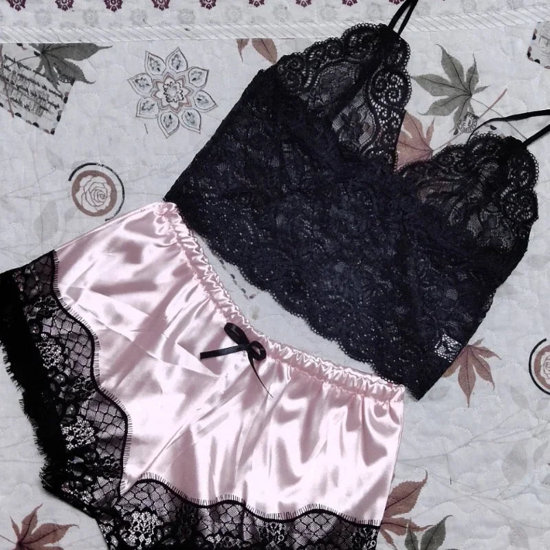 Lace Silk Crop Top & Shorts Pajama Set - Sexy Sleepwear Lingerie for Women