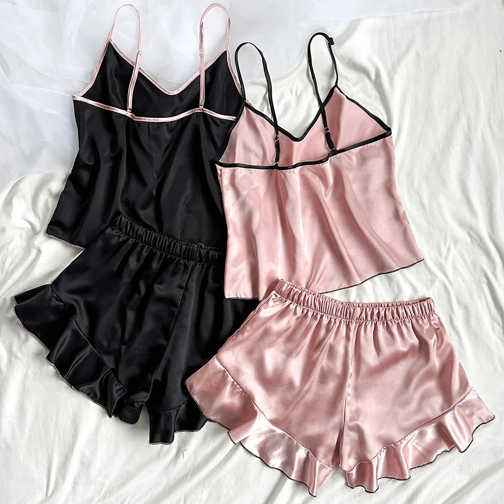 Satin V-Neck Ruffled Pajama Set - Smooth Spaghetti Strap Top & Bow Shorts for Women