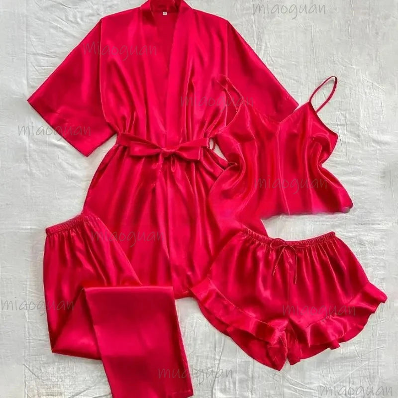 4-Piece Satin Kimono Robe Pajama Set - Silky Bathrobe & Trouser Suit Loungewear for Women