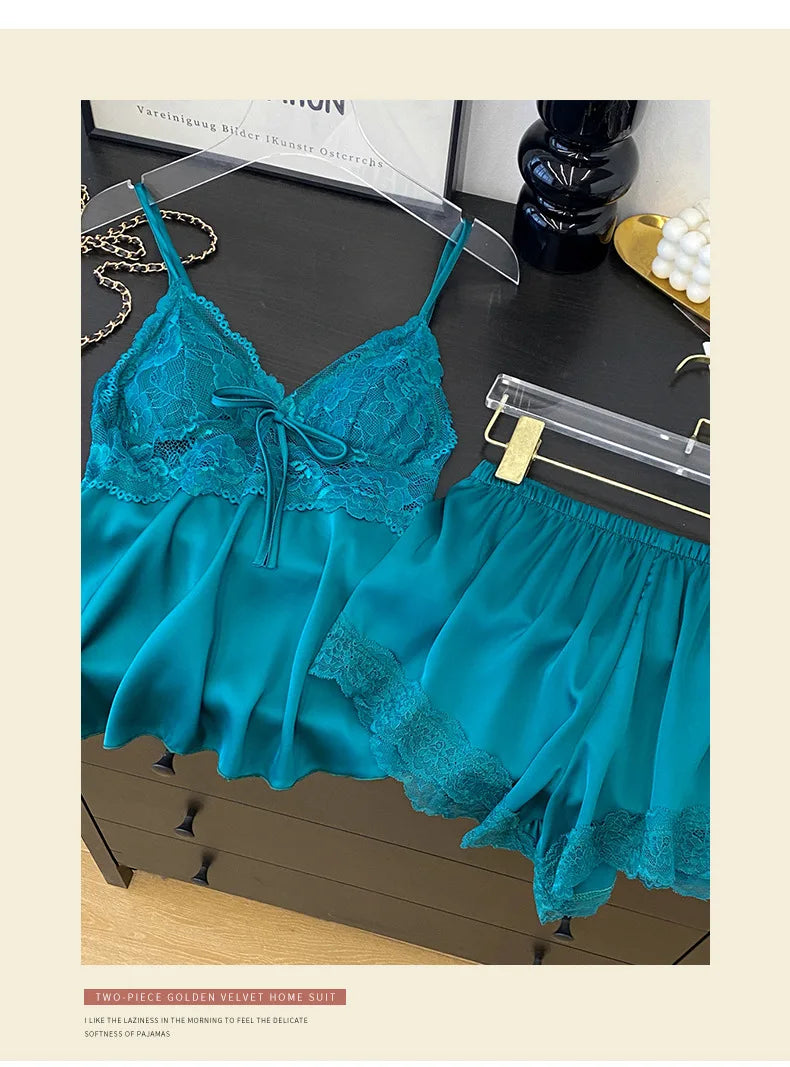 Lace Satin Suspender Pajama Set - Sexy Hollow Out Strap Top & Shorts Sleepwear