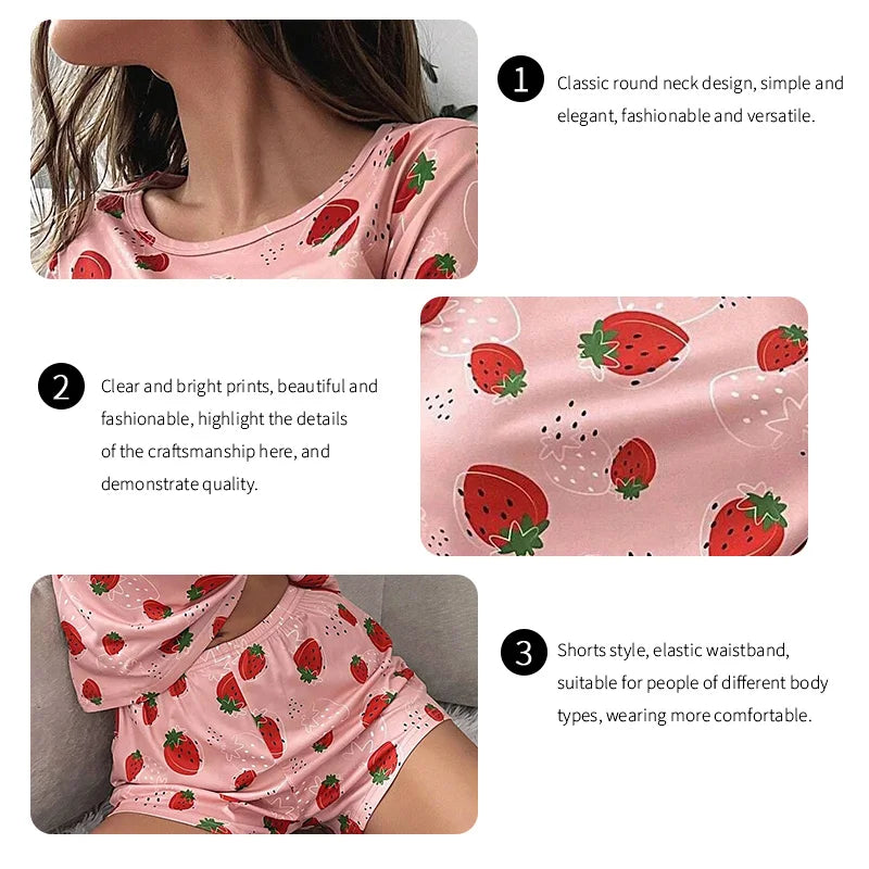 Strawberry Print Pajama Set - Cute Short Sleeve Top & Shorts Loungewear for Women