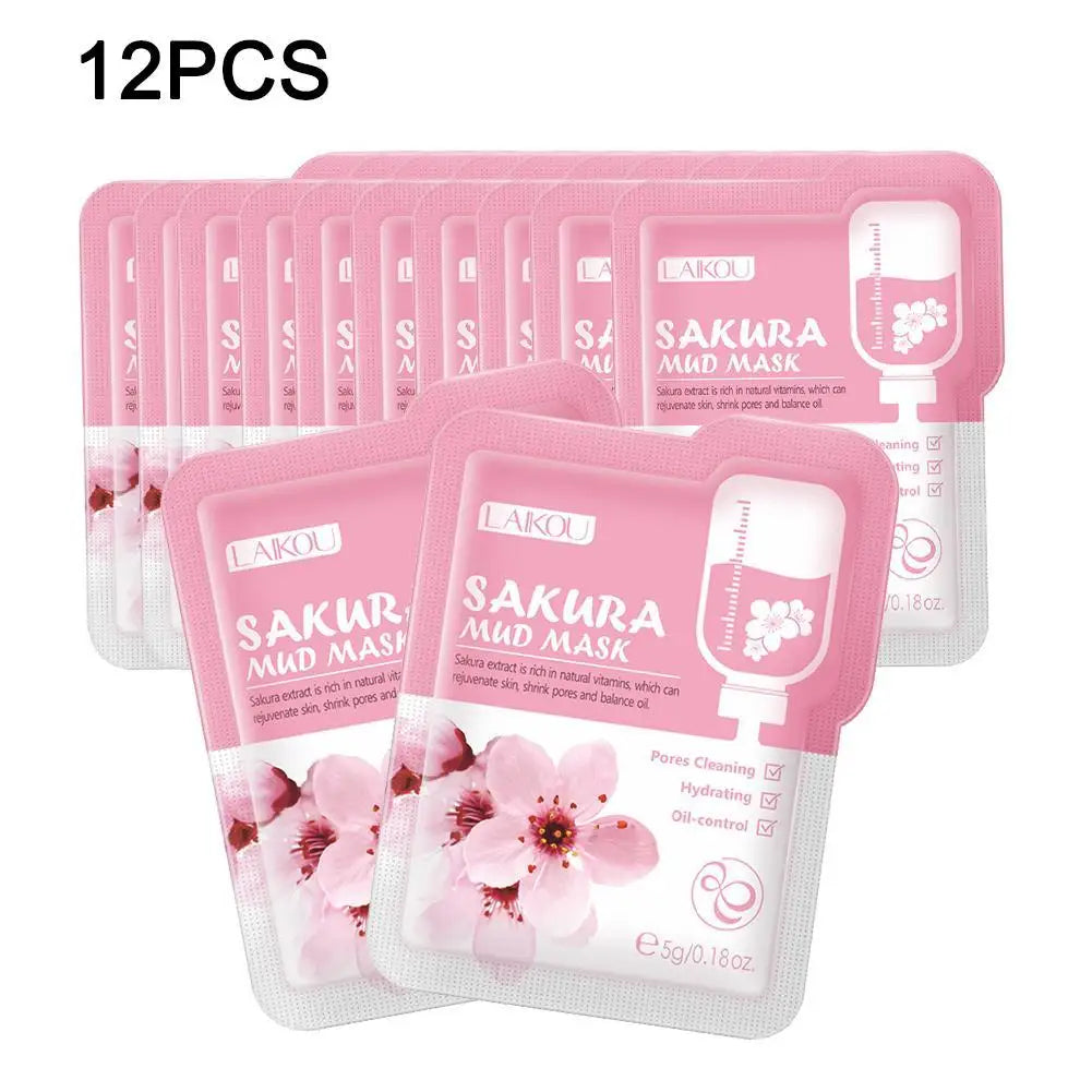 "12-Pack Japanese Sakura Mud Mask Set - Brightening & Deep Cleansing"